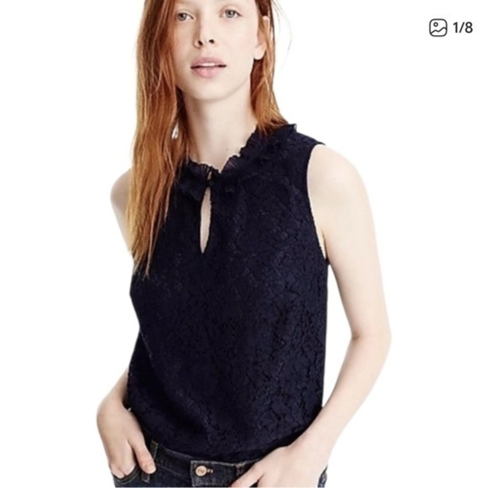 🎁🎄J.Crew NAVY BLUE Ruffle Neck Scalloped Lace Top Size M Petite
